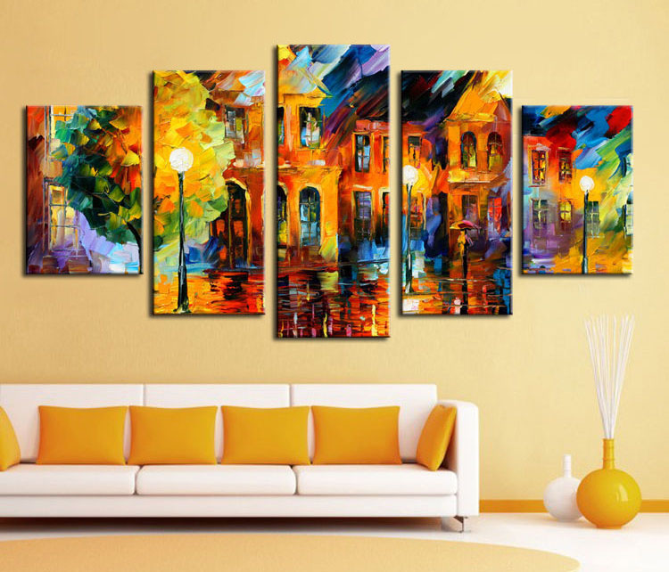 night street painting of five of group canvas painting stetching tilled on wall