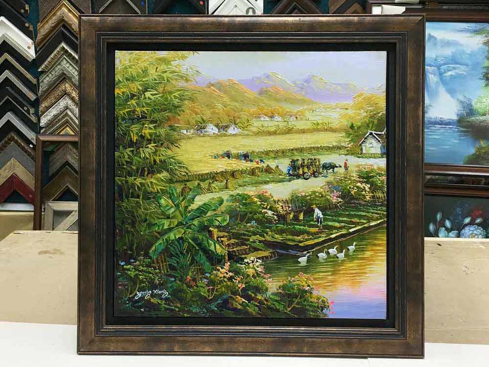 natural scenery oil painting stretching with black gap border and bronze thick frame