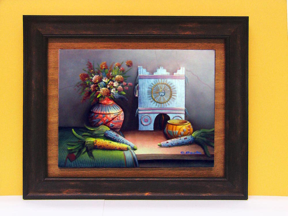 still life painting strected and framed with wood gap border and dark brown frame