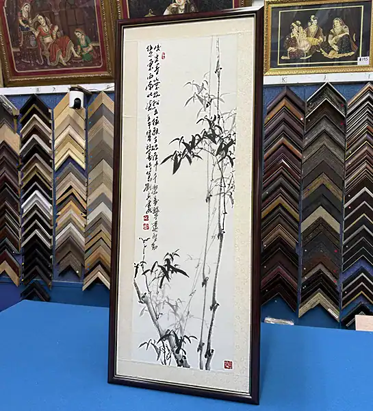 Chinese calligraphy artwork professionally framed with a custom frame and mat board in Singapore.