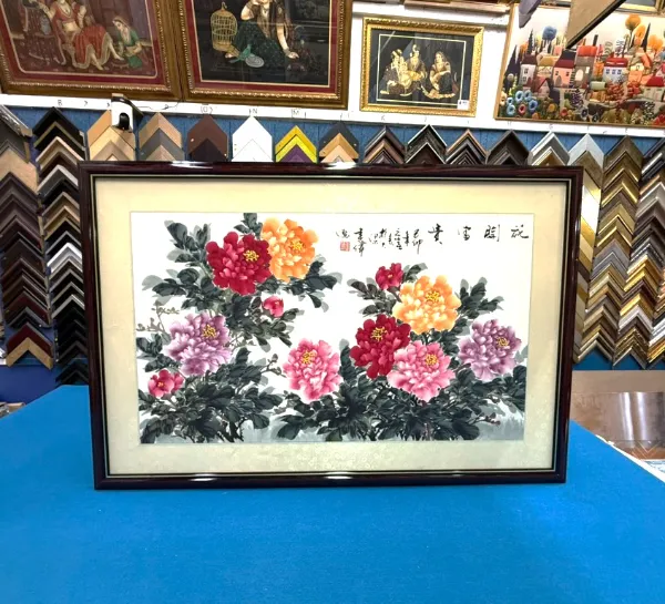 Traditional Chinese painting professionally framed with a decorative border in Singapore.