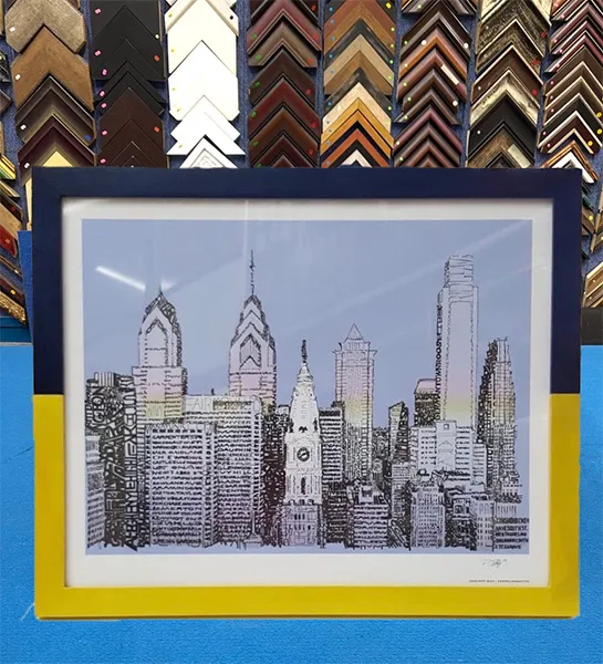 Custom two-tone picture frame designed to complement artwork with matching colours in Singapore.