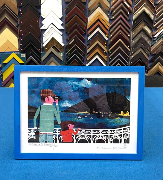 Custom coloured picture frame colour-matched to complement artwork for a coordinated display in Singapore.