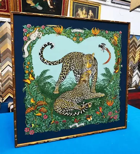 Decorative wooden frame for silk scarf framing in Singapore.