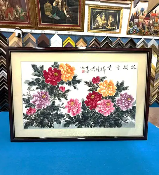 Traditional Chinese watercolour flower painting framed with a custom wood frame and mat board in Singapore.