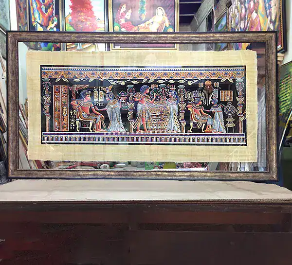 Egyptian papyrus painting framed with double glass to showcase the natural papyrus edges in Singapore.